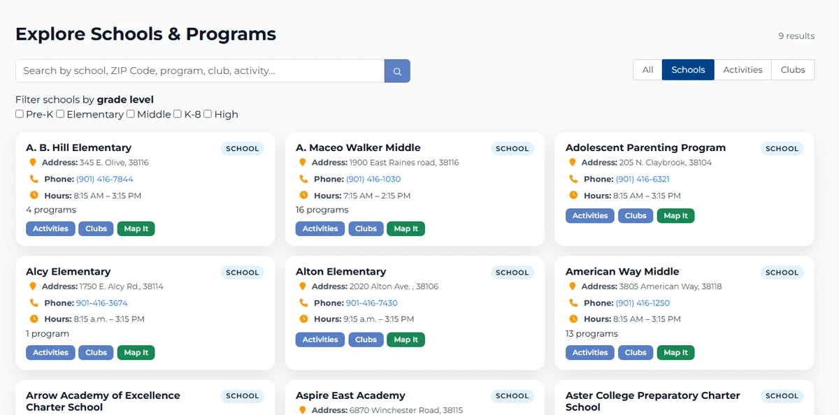 After School Memphis — Explore Schools & Programs interface